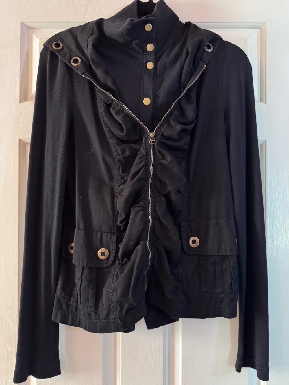 XCVI Black Two Layer Knit Utility Jacket Ruched with Hood Snap layer Zip Layer